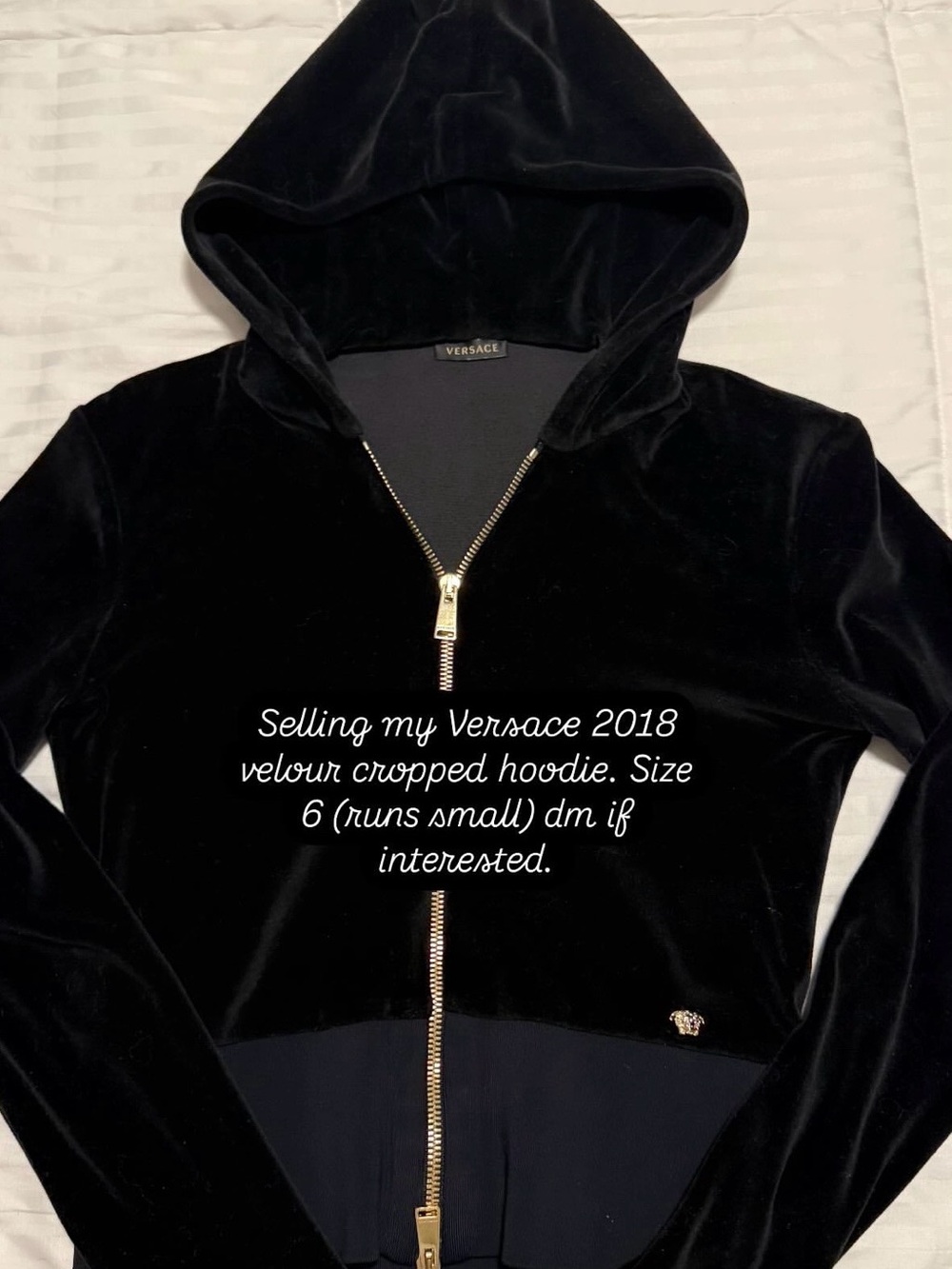 Versace Black Velour Hooded Zip-Up Jacket with Gold Hardware